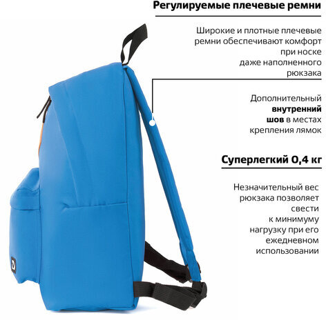 Рюкзак BRAUBERG, универсальный, сити-формат, один тон, голубой, 20 литров, 41х32х14 см, 225374