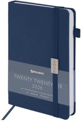 Ежедневник датированный 2026, А5, 138x213 мм, BRAUBERG &quot;Control&quot;, под кожу, держатель для ручки, синий, 117121