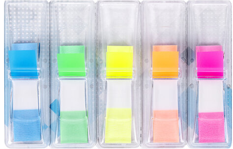 Закладки клейкие BRAUBERG НЕОНОВЫЕ пластиковых в диспенсерах, 45х12 мм, 5 цветов х 25 листов, 111356