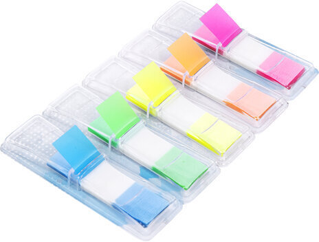 Закладки клейкие BRAUBERG НЕОНОВЫЕ пластиковых в диспенсерах, 45х12 мм, 5 цветов х 25 листов, 111356