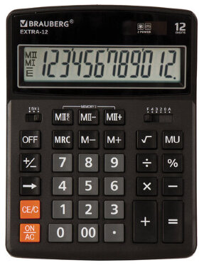 Калькулятор настольный BRAUBERG EXTRA-12-BK (206x155 мм), 12 разрядов, двойное питание, ЧЕРНЫЙ, 250481
