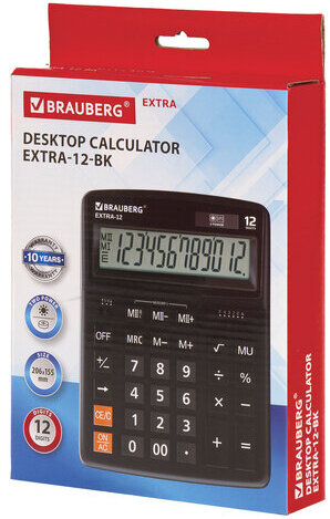 Калькулятор настольный BRAUBERG EXTRA-12-BK (206x155 мм), 12 разрядов, двойное питание, ЧЕРНЫЙ, 250481