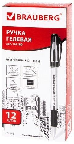Ручка гелевая с грипом BRAUBERG "Geller", ЧЕРНАЯ, игольчатый узел 0,5 мм, линия письма 0,35 мм, 141180