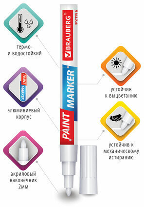 Маркер-краска лаковый EXTRA (paint marker) 2 мм, БЕЛЫЙ, УСИЛЕННАЯ НИТРО-ОСНОВА, BRAUBERG, 151967