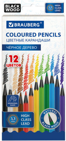 Карандаши цветные BRAUBERG, 12 цветов, черное дерево, грифель мягкий 3,3 мм, 181856