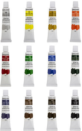 Краски акриловые художественные BRAUBERG ART DEBUT, НАБОР 12 цветов по 12 мл, в тубах, 191125