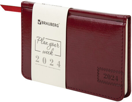 Еженедельник датированный 2024 МАЛЫЙ ФОРМАТ 95х155 мм А6, BRAUBERG "Imperial", под кожу, бордовый, 115043