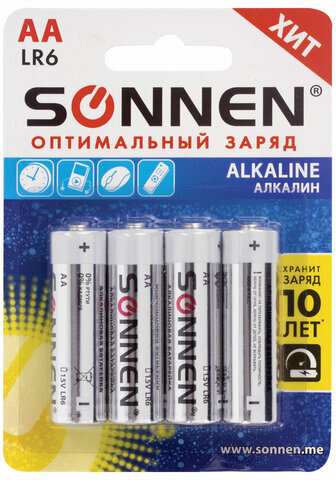 Батарейки КОМПЛЕКТ 4 шт., SONNEN Alkaline, АА (LR6, 15А), алкалиновые, пальчиковые, блистер, 451085