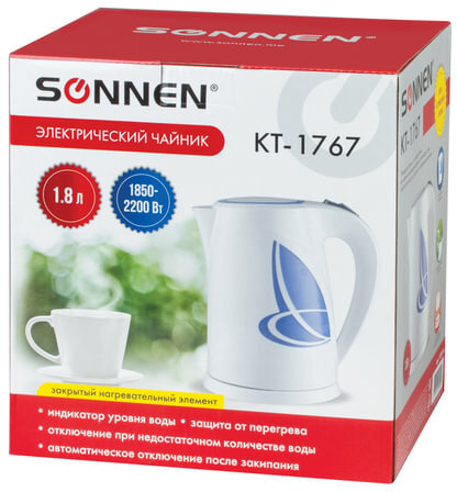 Чайник SONNEN KT-1767, 1,8 л, 2200 Вт, закрытый нагревательный элемент, пластик, белый/синий, 453416