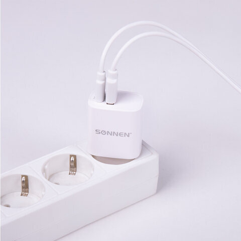 Зарядное устройство быстрое сетевое (220В) SONNEN, порты USB+Type-C, QC 3.0, 3 А, белое, 455505