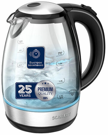 Чайник SCARLETT SC-EK27G93, 1,7 л, 2200 Вт, закрытый нагревательный элемент, стекло, черный