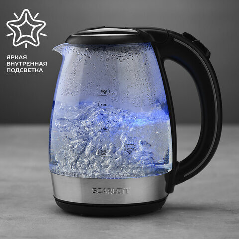 Чайник SCARLETT SC-EK27G93, 1,7 л, 2200 Вт, закрытый нагревательный элемент, стекло, черный
