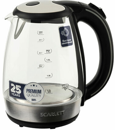 Чайник SCARLETT SC-EK27G93, 1,7 л, 2200 Вт, закрытый нагревательный элемент, стекло, черный