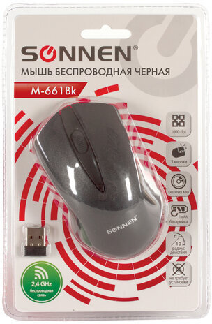 Мышь беспроводная SONNEN M-661Bk, USB, 1000 dpi, 2 кнопки + 1 колесо-кнопка, оптическая, черная, 512647