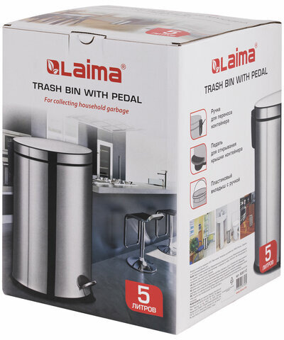 Ведро-контейнер для мусора урна с педалью LAIMA "Classic Plus", 5 литров, зеркальное, Турция, 608112