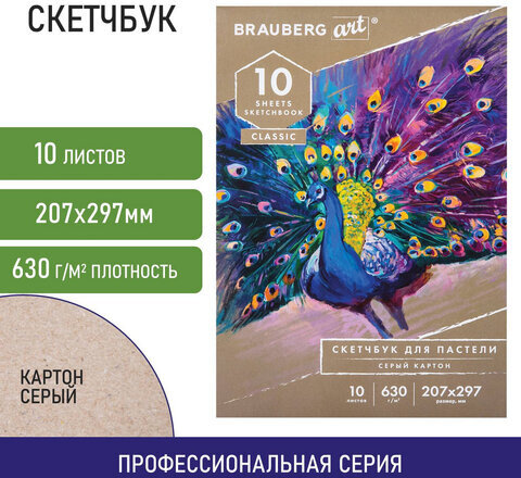 Альбом для пастели, картон СЕРЫЙ некрашенный 630 г/м2, 207х297 мм, 10 л., BRAUBERG ART CLASSIC, 105916