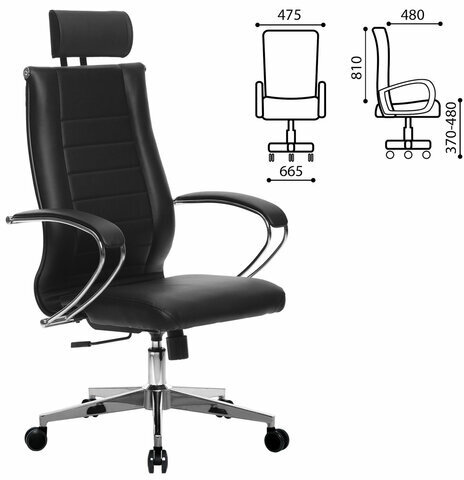 Кресло офисное МЕТТА "К-32" хром, рецик. кожа, подголовник, сиденье и спинка мягкие, черное