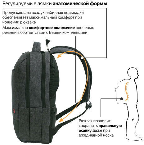 Рюкзак BRAUBERG URBAN универсальный, с отделением для ноутбука, Houston, темно-серый, 45х31х15 см, 229895