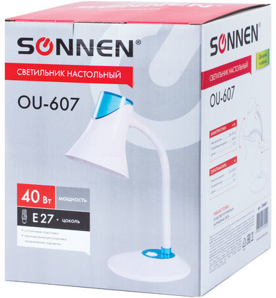 Настольная лампа-светильник SONNEN OU-607, на подставке, цоколь Е27, белый/синий, 236681