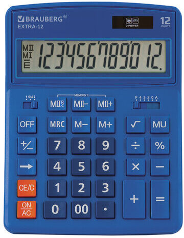 Калькулятор настольный BRAUBERG EXTRA-12-BU (206x155 мм), 12 разрядов, двойное питание, СИНИЙ, 250482