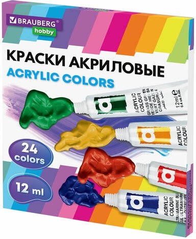Краски акриловые художественные 24 цвета в тубах по 12 мл, BRAUBERG HOBBY, 192404
