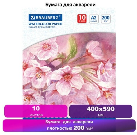 Бумага для акварели БОЛЬШАЯ А2, 10 л., 200 г/м2, 400х590 мм, BRAUBERG, "Цветы", 125223