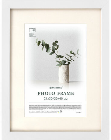 Рамка 30х40 см с паспарту 21х30 см, небьющаяся, багет 26 мм, МДФ, BRAUBERG "Ambassador", белая, 391368