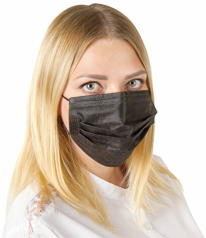 Маски одноразовые КОМПЛЕКТ 50 штук, короб, 3-х слойные, черные, SANITERRA