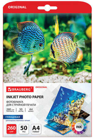 Фотобумага глянцевая, А4, 260 г/м2, односторонняя, 50 листов, BRAUBERG ORIGINAL, 363992