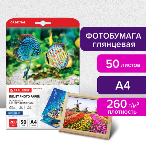 Фотобумага глянцевая, А4, 260 г/м2, односторонняя, 50 листов, BRAUBERG ORIGINAL, 363992
