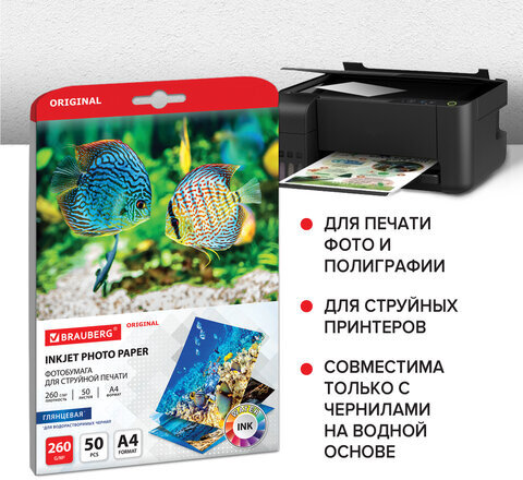 Фотобумага глянцевая, А4, 260 г/м2, односторонняя, 50 листов, BRAUBERG ORIGINAL, 363992