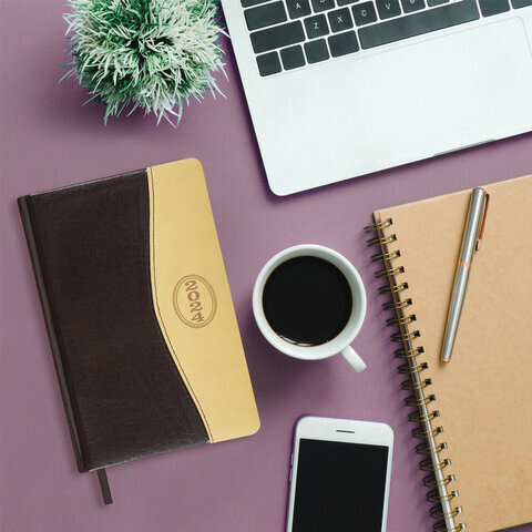 Ежедневник датированный 2024 А5 138x213 мм, BRAUBERG "De Luxe", под кожу, коричневый/бежевый, 114841