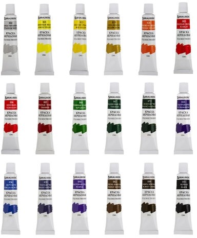 Краски акриловые художественные BRAUBERG ART DEBUT, НАБОР 18 цветов по 12 мл, в тубах, 191126