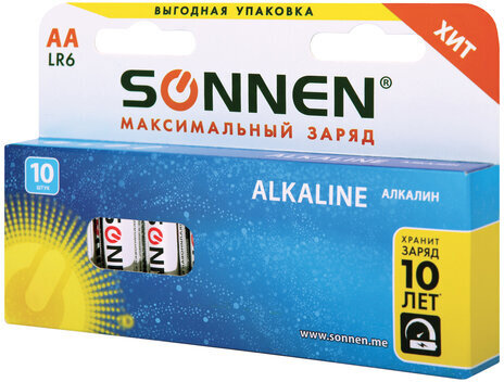 Батарейки КОМПЛЕКТ 10 шт., SONNEN Alkaline, АА (LR6, 15А), алкалиновые, пальчиковые, короб, 451086