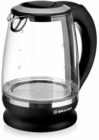 Чайник BRAYER BR1016, 1,7л, 2200Вт, закрытый нагревательный элемент, стекло, черный, BR1044BK