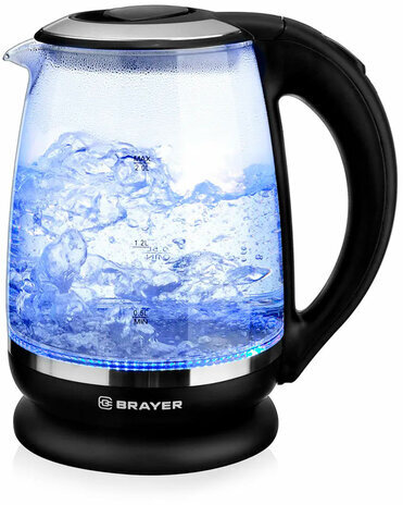 Чайник BRAYER BR1016, 1,7л, 2200Вт, закрытый нагревательный элемент, стекло, черный, BR1044BK