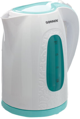 Чайник SONNEN KT-2016, 2 л, 2200 Вт, закрытый нагревательный элемент, пластик, белый/голубой, 453417