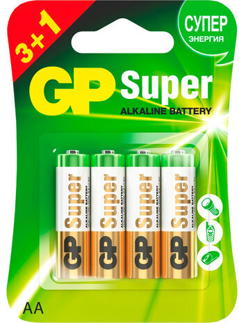 Батарейки GP Super, AA (LR6, 15А), алкалиновые, пальчиковые, КОМПЛЕКТ 4 шт., ПРОМО 3+1, 15A3/1-2CR4