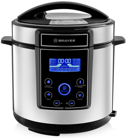 Мультиварка-скороварка BRAYER BR2401, 1000 Вт, 6 л, 12 программ, таймер, серебро