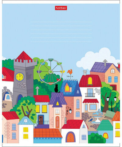 Тетрадь 12 л. HATBER клетка, обложка картон, "Городок" (5 видов в спайке), 12Т5В1