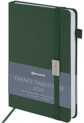 Ежедневник датированный 2026, А5, 138x213 мм, BRAUBERG &quot;Control&quot;, под кожу, держатель для ручки, зеленый, 117123