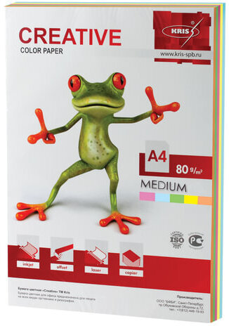 Бумага цветная CREATIVE color (Креатив) А4, 80 г/м2, 100 л., (5 цветов х 20 листов), микс медиум, БОpr-100r