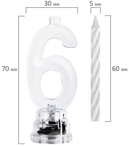 Цифра-подсвечник "6" светодиодная, ЗОЛОТАЯ СКАЗКА, в наборе 4 свечи 6 см, 1 батарейка, 591429