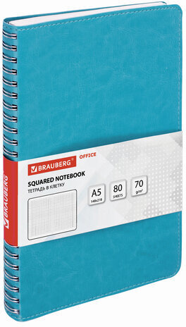 Тетрадь А5 (148x218 мм), BRAUBERG "Office PRO", гибкая, под кожу, гребень, 80 л., бирюзовая, 111043