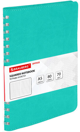Тетрадь А5 (148x218 мм), BRAUBERG "Office PRO", гибкая, под кожу, гребень, 80 л., бирюзовая, 111043