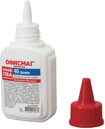Клей ПВА ОФИСМАГ (бумага, картон, дерево), 40 г, РОССИЯ, 225760