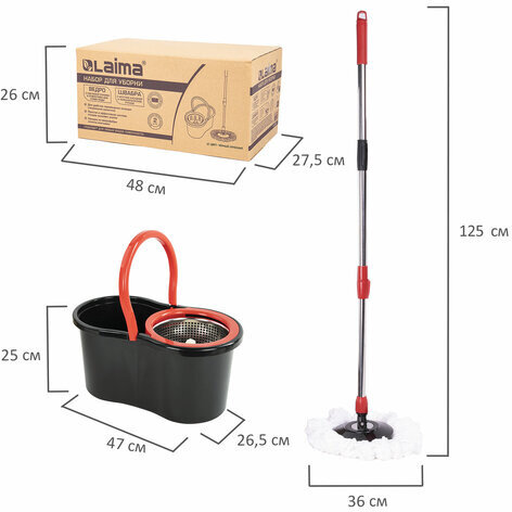 Швабра с отжимом и ведром 7 л/5 л LAIMA TONE MOP, две насадки в комплекте, черно-красный, 607487
