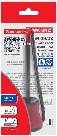 Ручка шариковая настольная масляная BRAUBERG "Стенд-Пен №1", СИНЯЯ, корпус черный/красный, линия письма 0,35 мм, 141886