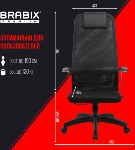 Кресло офисное BRABIX PREMIUM "Ultimate EX-801" пластик, плотная двойная сетка Х2, черное, 532922