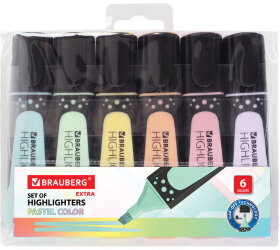 Набор текстовыделителей BRAUBERG 6 шт., АССОРТИ, &quot;EXTRA PASTEL&quot;, прорезиненный корпус, линия 1-5 мм, 151757